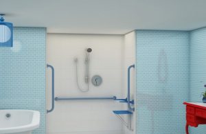Barrier-free shower with handrails.
