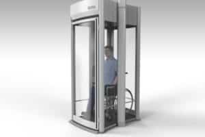 A Stiltz Trio Alta Vista with a person in a wheelchair inside it